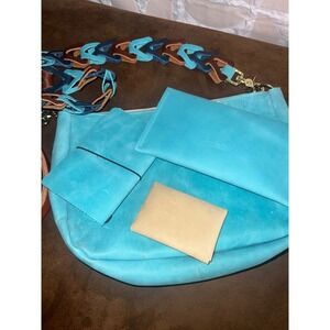 KMM & Co Aegean Blue Leather Crossbody Bag 6pc Set Notebook Pouch Made in USA